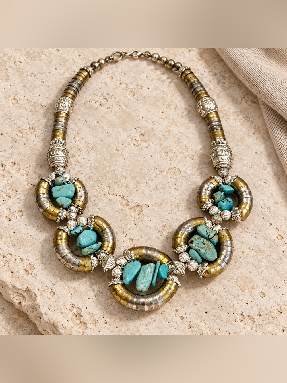 Vintage Turquoise-Tone Nugget & Two-Tone Metallic Boho Statement Bib Necklace